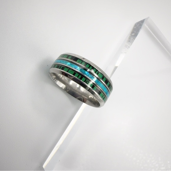 Stainless Steel Ring with Green and Blue Inlay - Picture 14 of 17